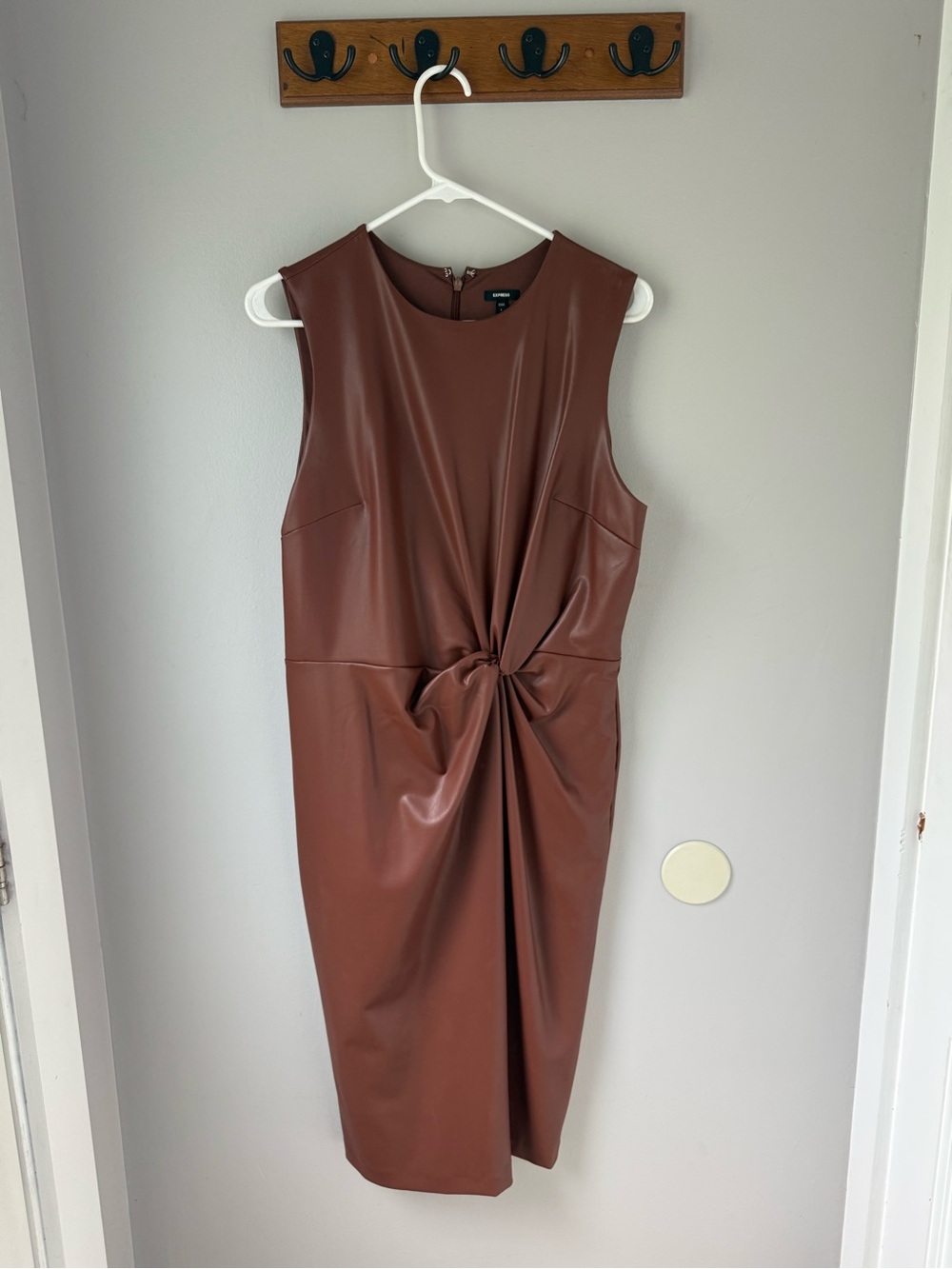 Sleeveless Faux Leather Twist-Waist Dress in Brown